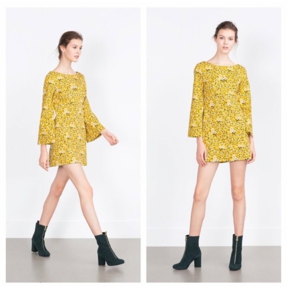 Zara Mustard Yellow Floral Bell Sleeve Mini Dress Retro 60s Style Boat Neck - L